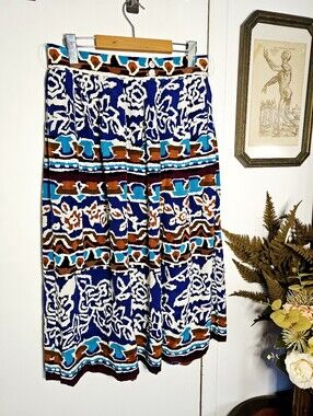 Vintage 100% Silk 80s 90s Alfred Sung Abstract Print Midi Skirt Blue Geometric